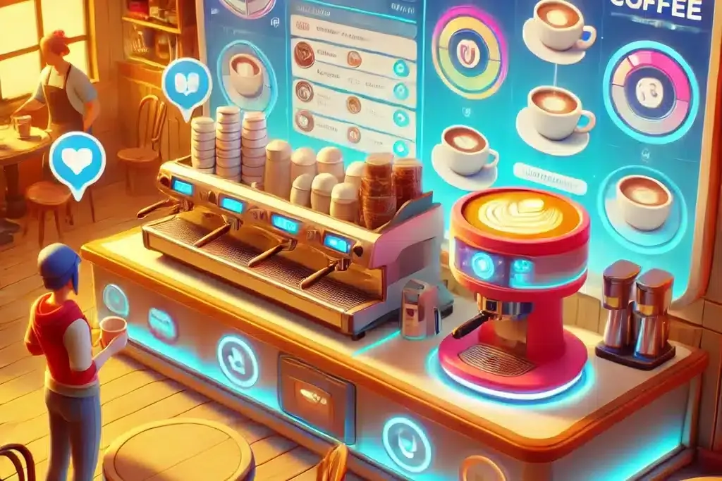 Cafetería virtual en Rocitizens con un barista preparando café en una máquina espresso moderna.