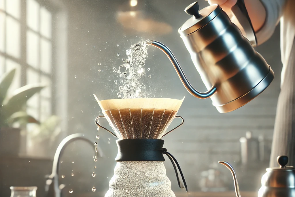 El Agua vertiéndose en una cafetera de goteo mostrando su importancia en la extracción del café