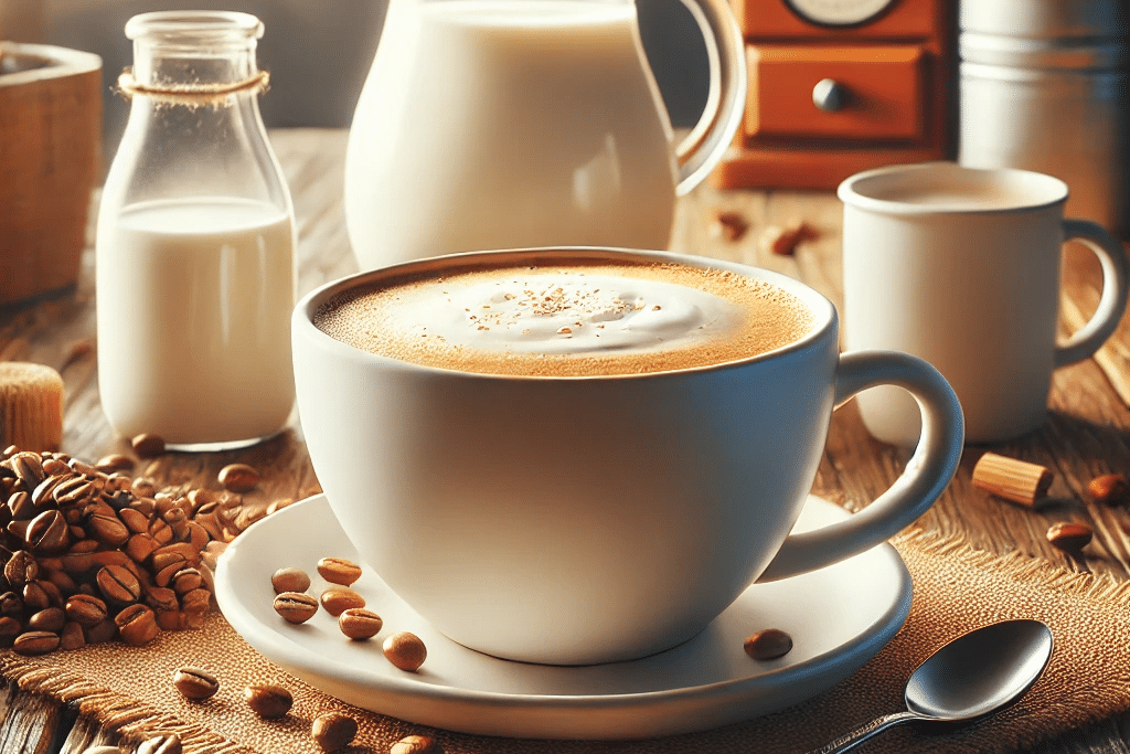 Taza de café con leche espumoso sobre una mesa de madera, acompañada de jarras de leche y granos de café.