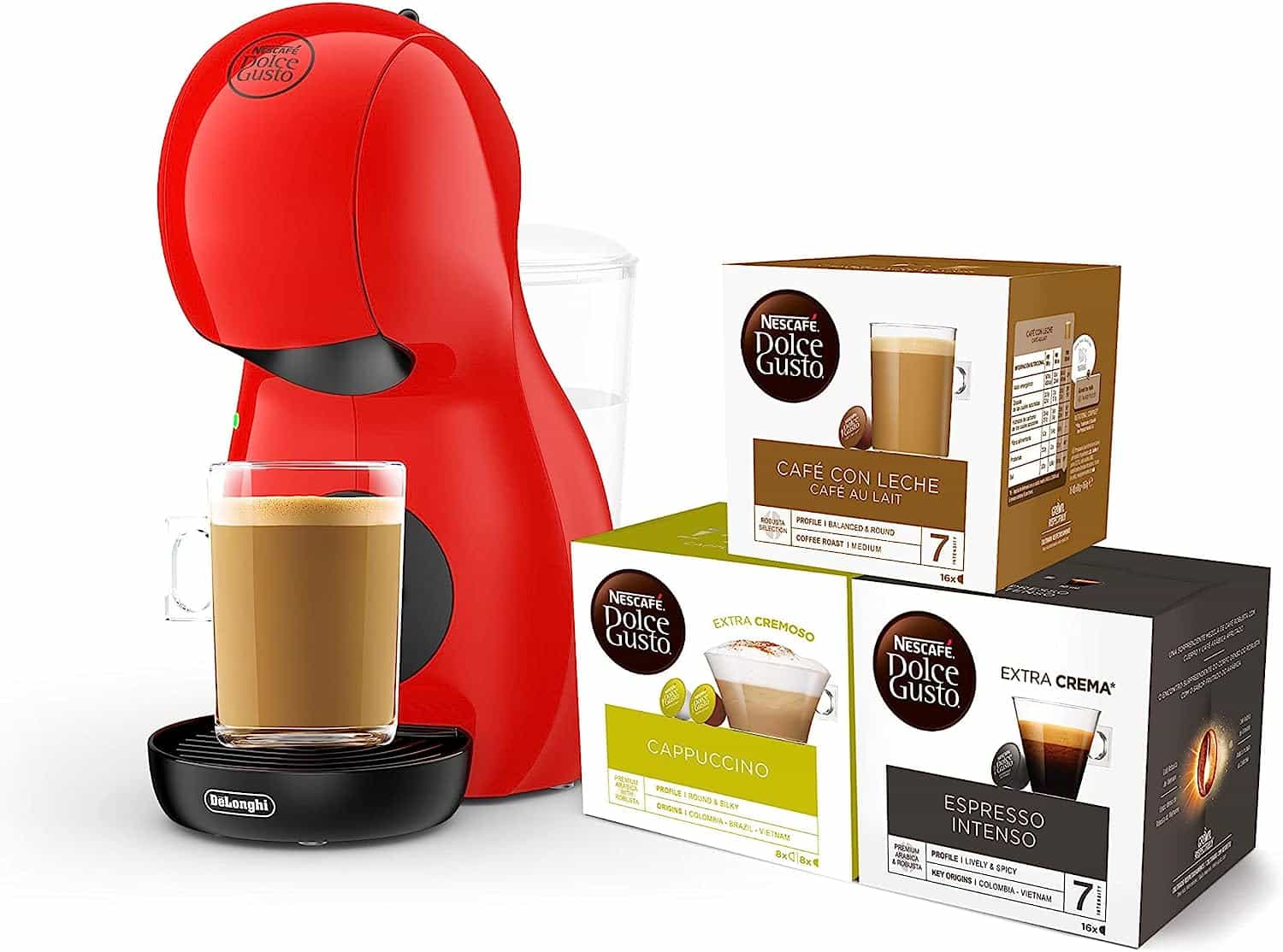 cafetera Dolce Gusto con varias cápsulas de colores alrededor sobre una mesa