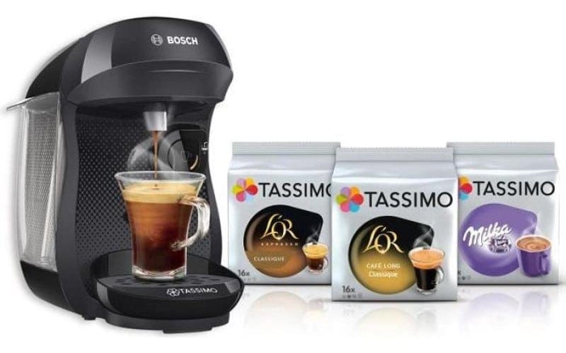 cafetera Tassimo con cápsulas T DISCs mostrando sus códigos de barras