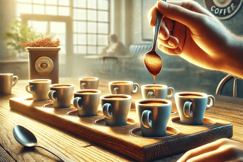 Cata de café profesional con varias tazas dispuestas en una mesa de madera, mientras una mano vierte café con una cuchara.