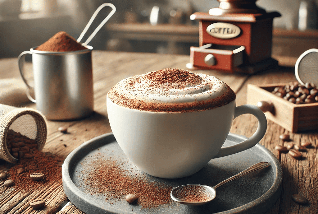 Cappuccino servido en una taza blanca sobre una mesa rústica, con decoración de cacao en polvo y un molinillo de café al fondo