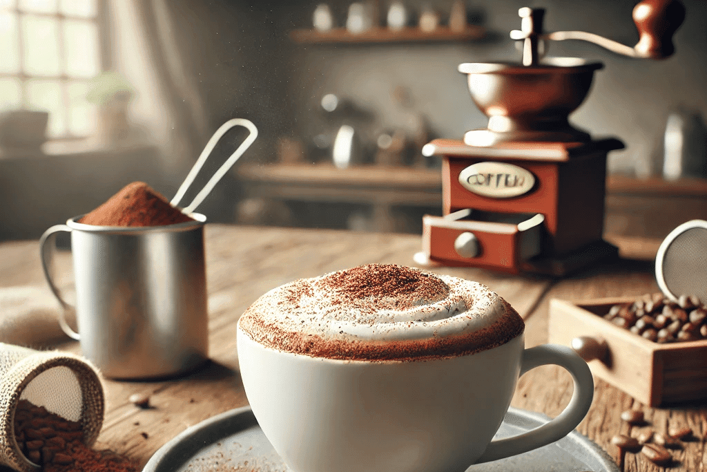 Cappuccino decorado con cacao en un ambiente rústico, acompañado de utensilios de café.