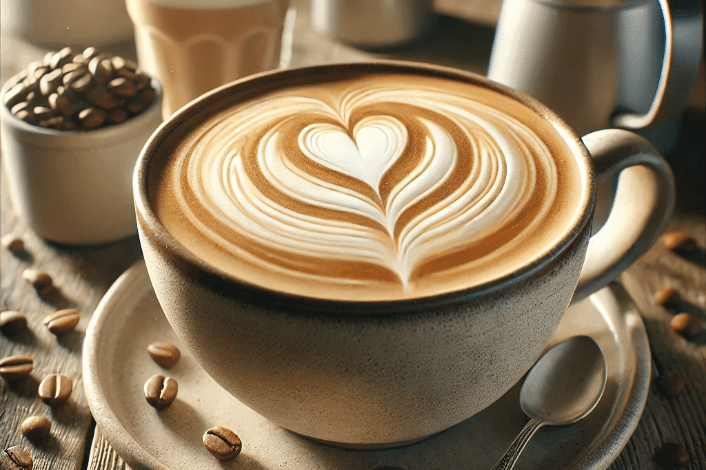 Latte perfecto servido en una taza de cerámica con diseño de corazón en arte latte, acompañado de utensilios de preparación en el fondo.