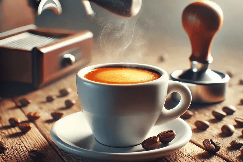 aza de Ristretto con crema dorada junto a una cafetera espresso y tamper