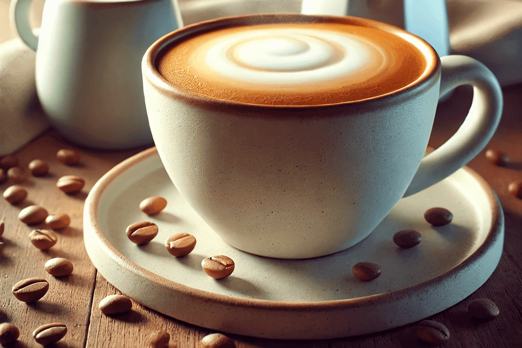 Flat White servido en una taza de cerámica sobre un plato rústico, con una cafetera italiana en el fondo y granos de café esparcidos.