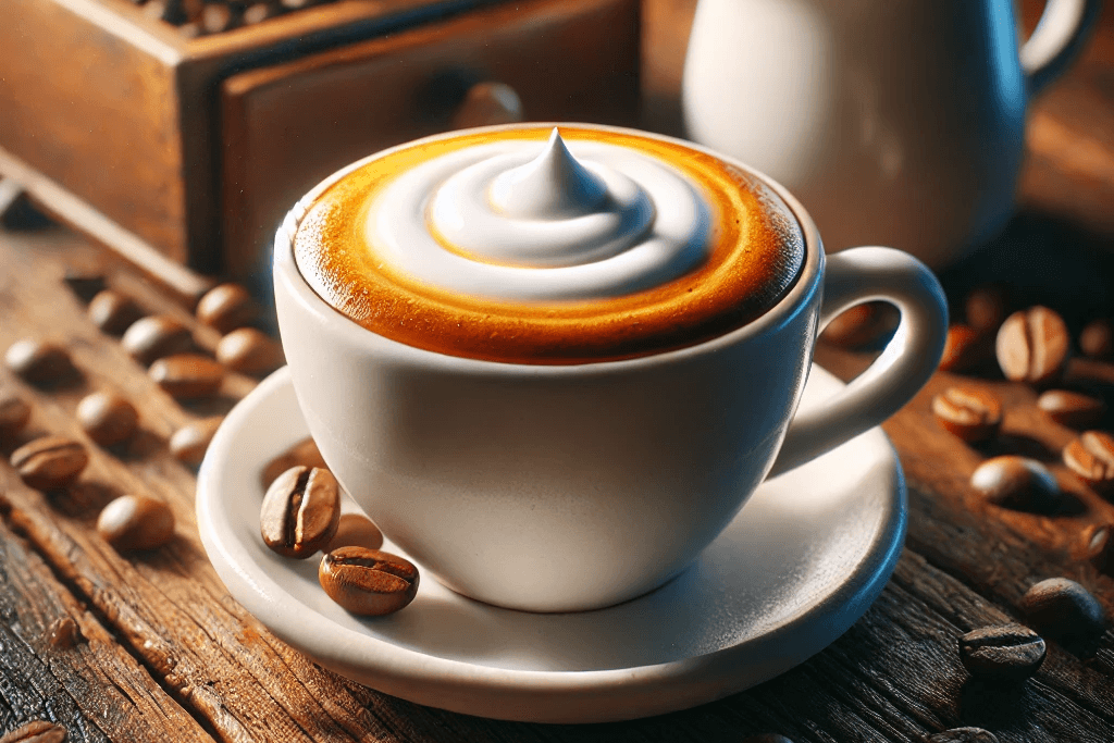 Macchiato perfecto servido en una taza blanca con espuma cremosa, acompañado de granos de café sobre una mesa rústica de madera.
