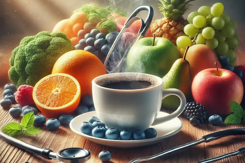 Taza de café rodeada de frutas frescas, verduras y un estetoscopio en un ambiente cálido y saludable.