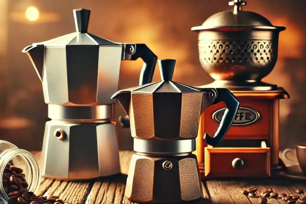 Dos cafeteras Moka de diferentes tamaños sobre una mesa rústica de madera, con un molinillo de café antiguo y granos de café esparcidos alrededor.