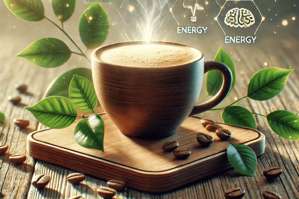 Taza de café con símbolos de salud, energía y beneficios antioxidantes, rodeada de hojas y granos de café.