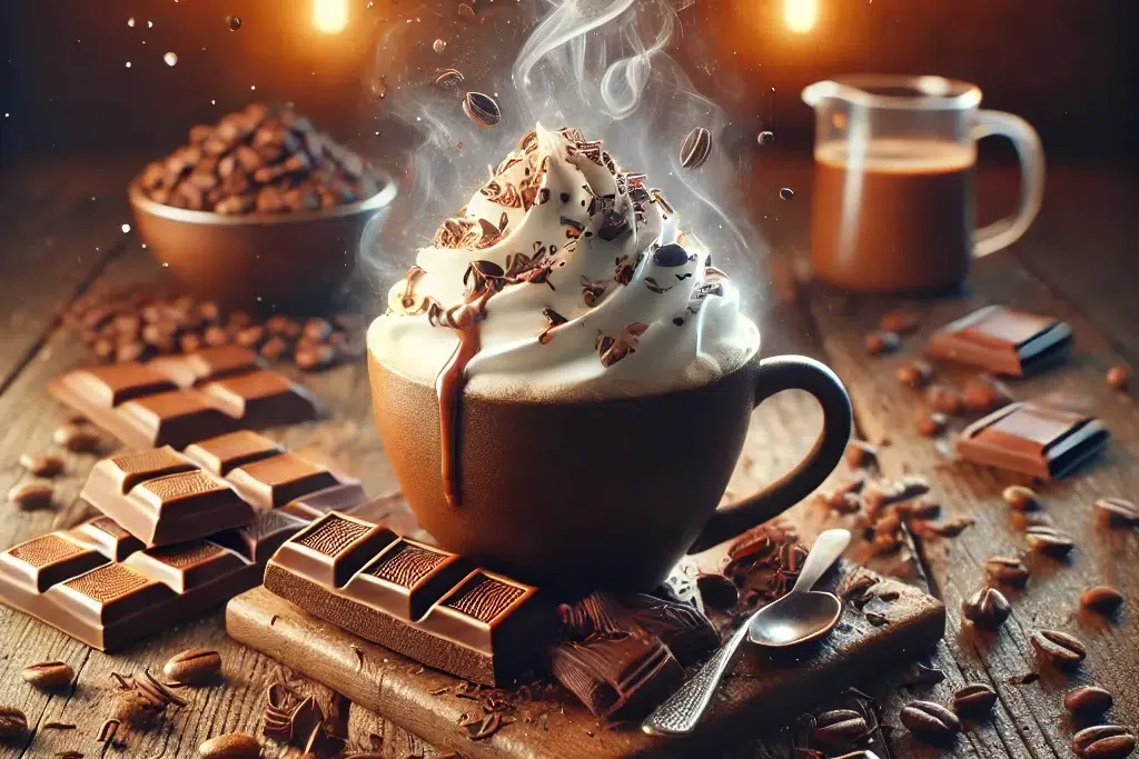 Taza de café caliente con chocolate derretido y nata montada, rodeada de tabletas de chocolate y granos de café en un ambiente cálido y acogedor.