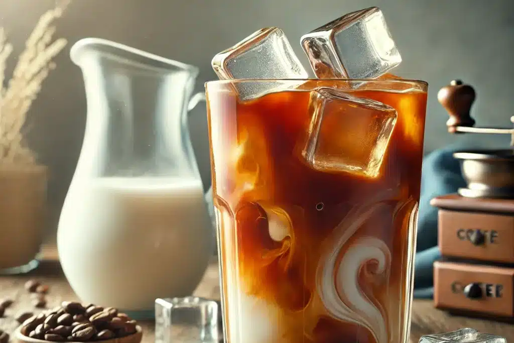 Vaso de Cold Brew con hielo y leche en una mesa de madera con granos de café y un molinillo en el fondo.