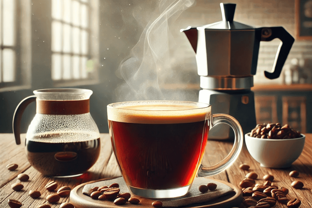 Taza de café americano recién hecha con vapor saliendo, acompañada de una cafetera italiana y una jarra de vidrio con café filtrado en un ambiente acogedor de cafetería.
