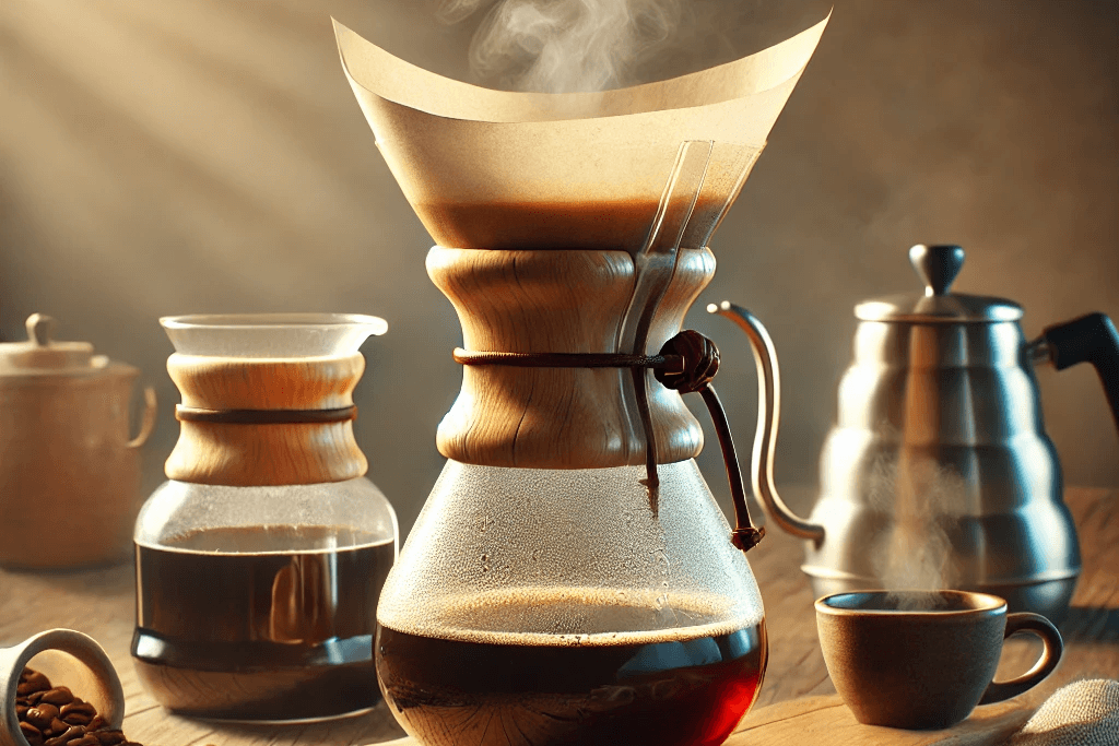 Cafetera Chemex con café recién preparado, rodeada de utensilios de preparación y granos de café sobre una mesa rústica.