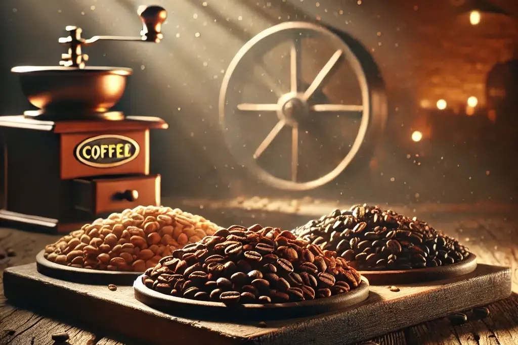 Tres tipos de granos de café en diferentes niveles de tostado, dispuestos en una mesa rústica con un molino de café al fondo, en un ambiente cálido y acogedor.