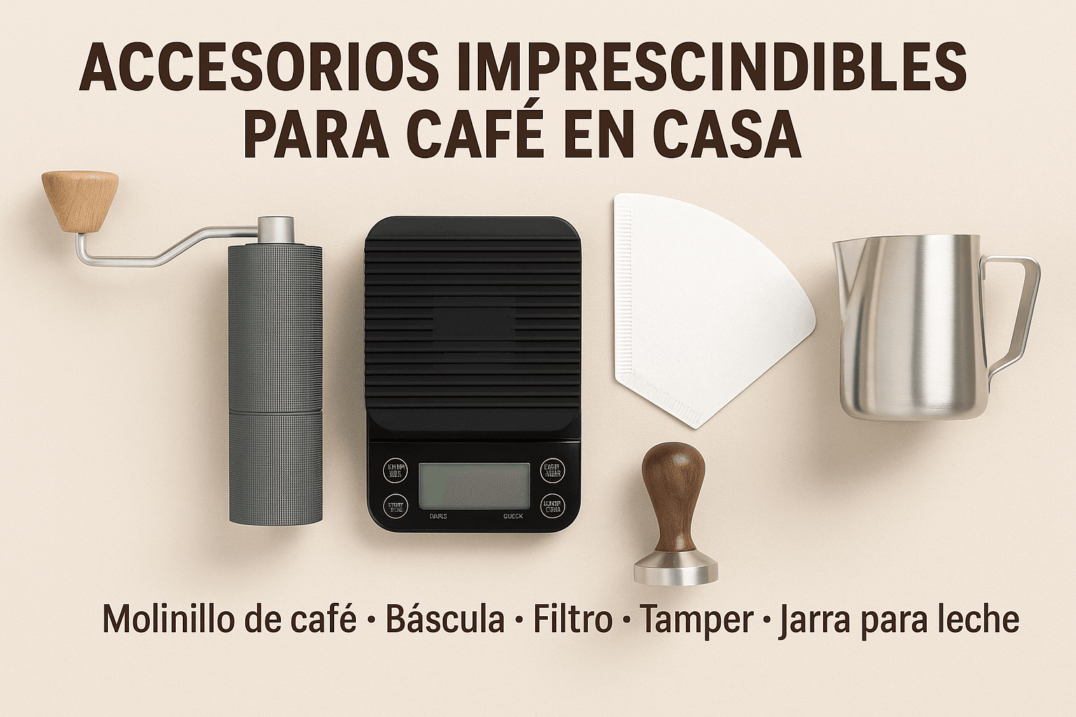 Accesorios imprescindibles para café en casa: molinillo, báscula, filtro, tamper y jarra de leche