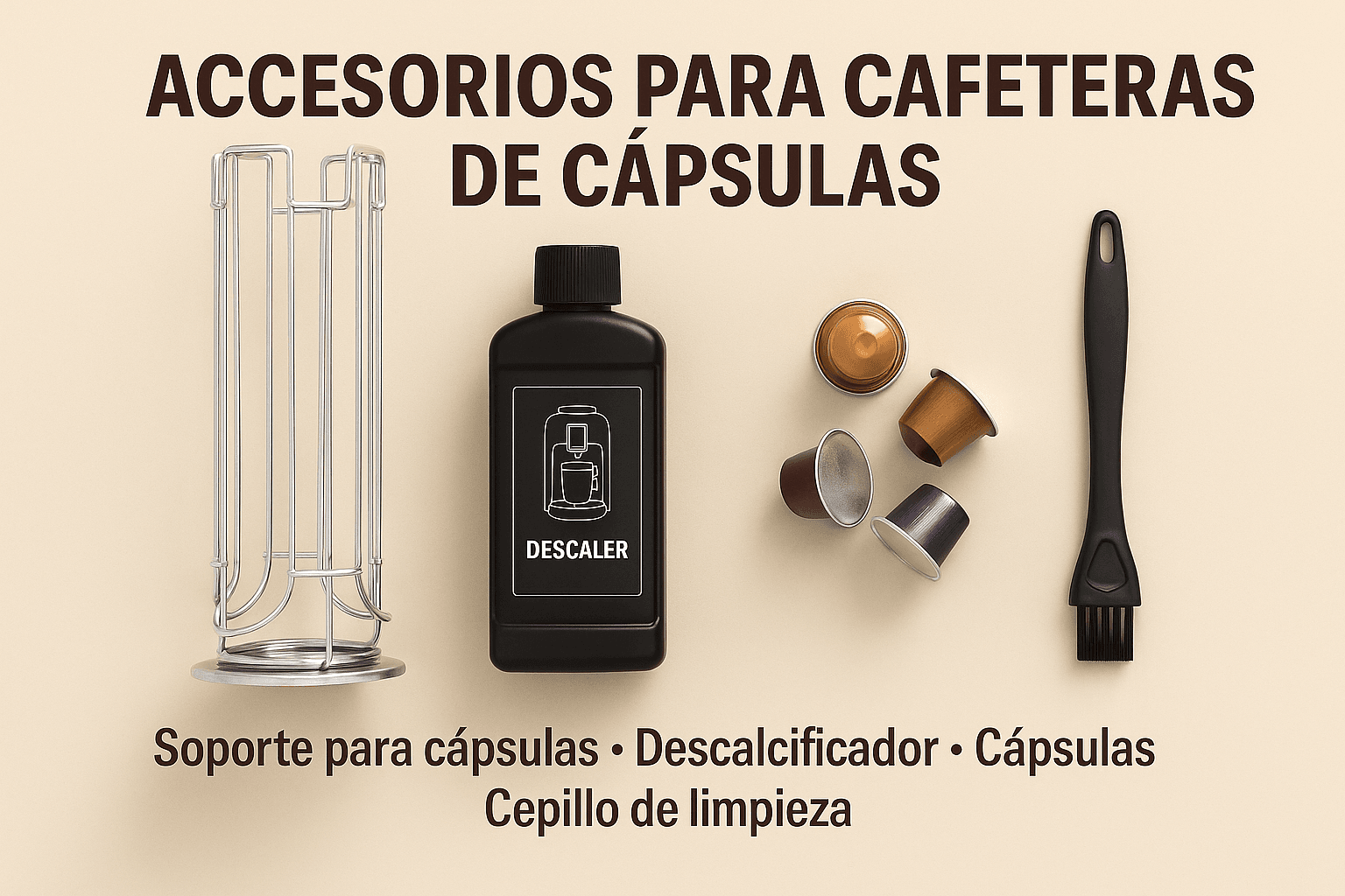 Accesorios para cafeteras de cápsulas: soporte para cápsulas, descalcificador, cápsulas y cepillo de limpieza