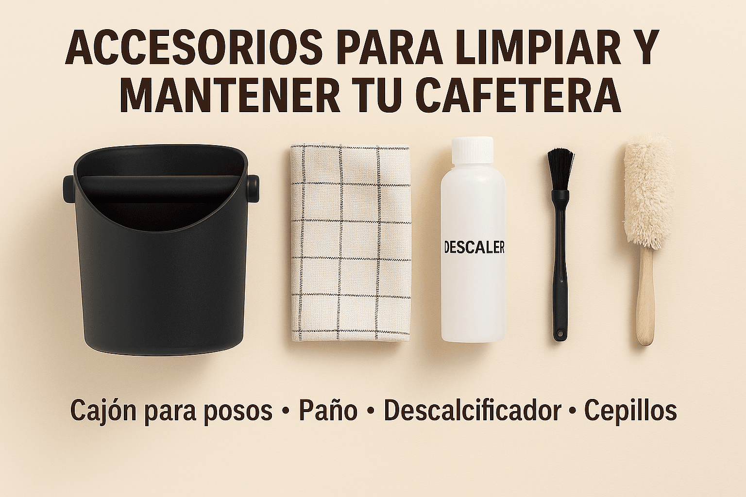 Accesorios para limpiar y mantener tu cafetera: cajón para posos, paño, descalcificador y cepillos de limpieza