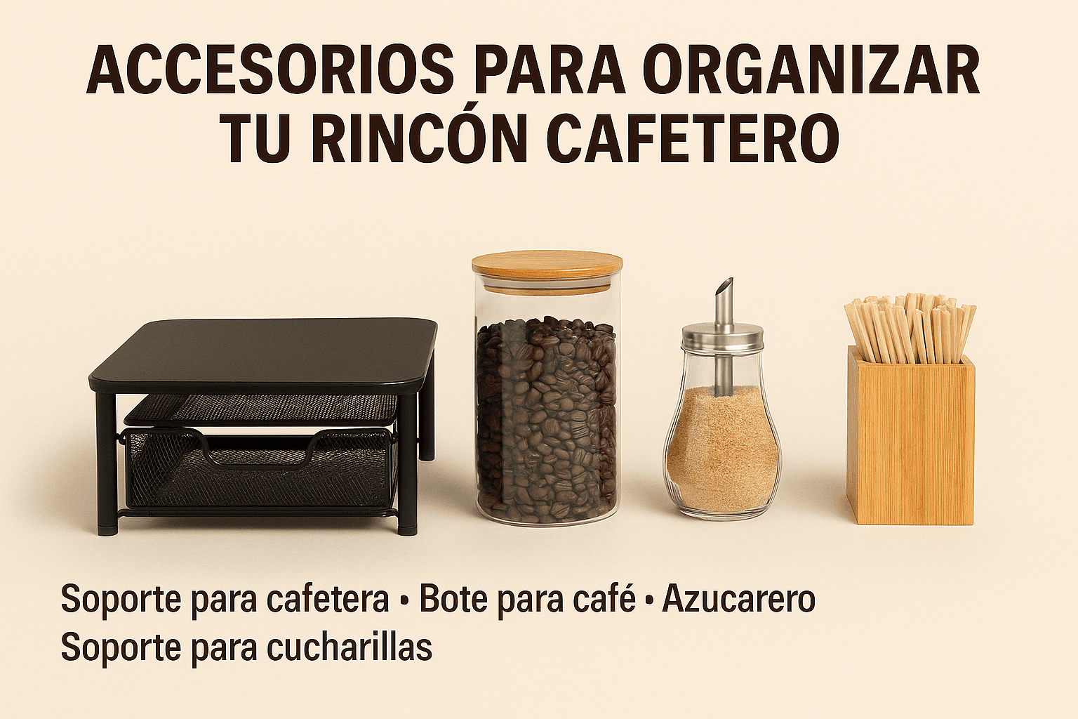 Accesorios para organizar tu rincón cafetero: soporte para cafetera, bote de café, azucarero y soporte para cucharillas