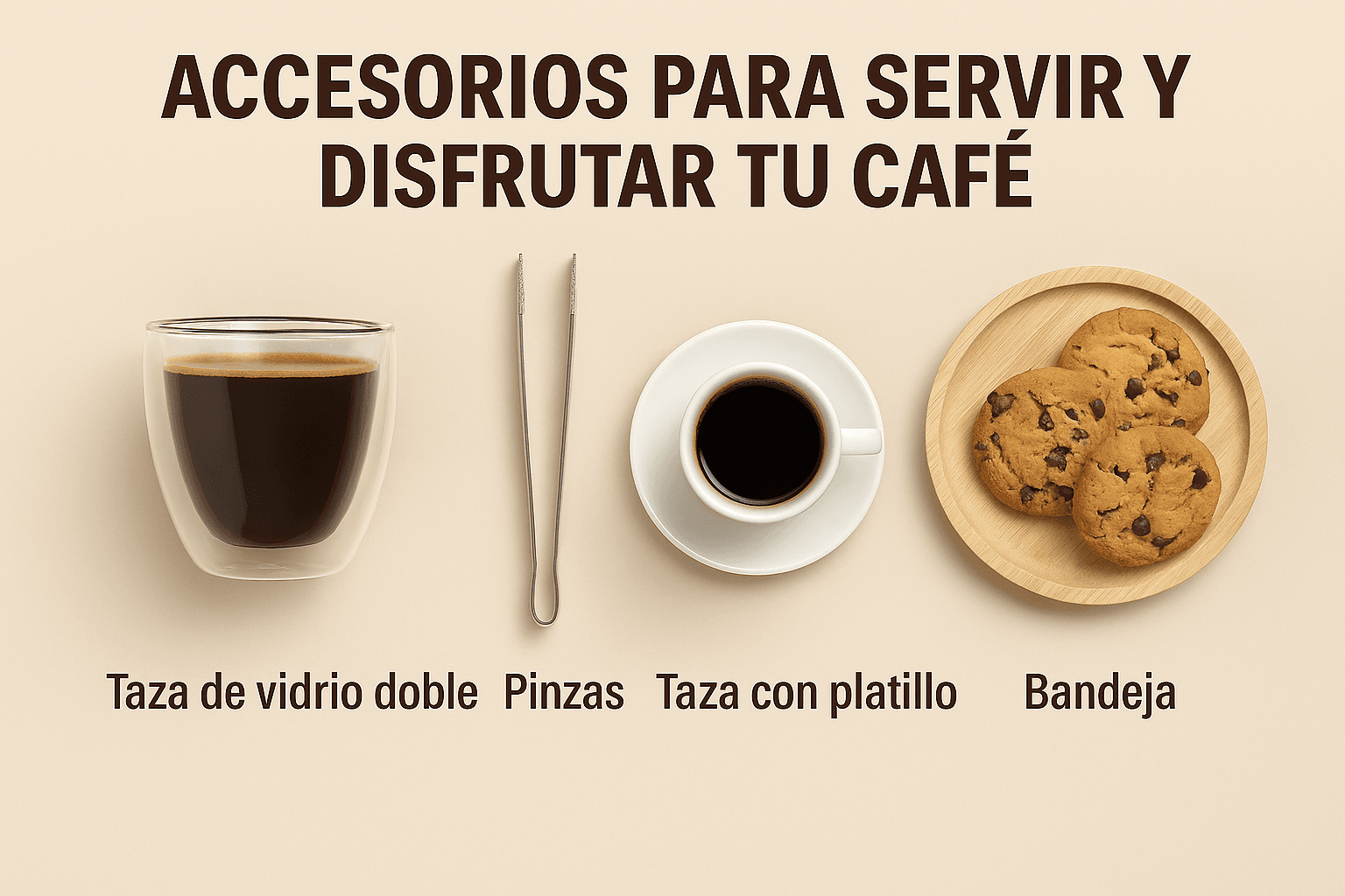 Accesorios para servir y disfrutar tu café: taza de vidrio doble, pinzas, taza con platillo y bandeja con galletas